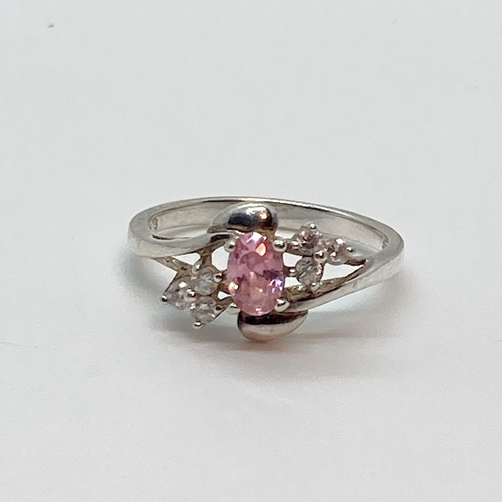 Vtg 925 sterling silver & Pink & White CZ Stone Floral Leaf Design Ring | Sz 8